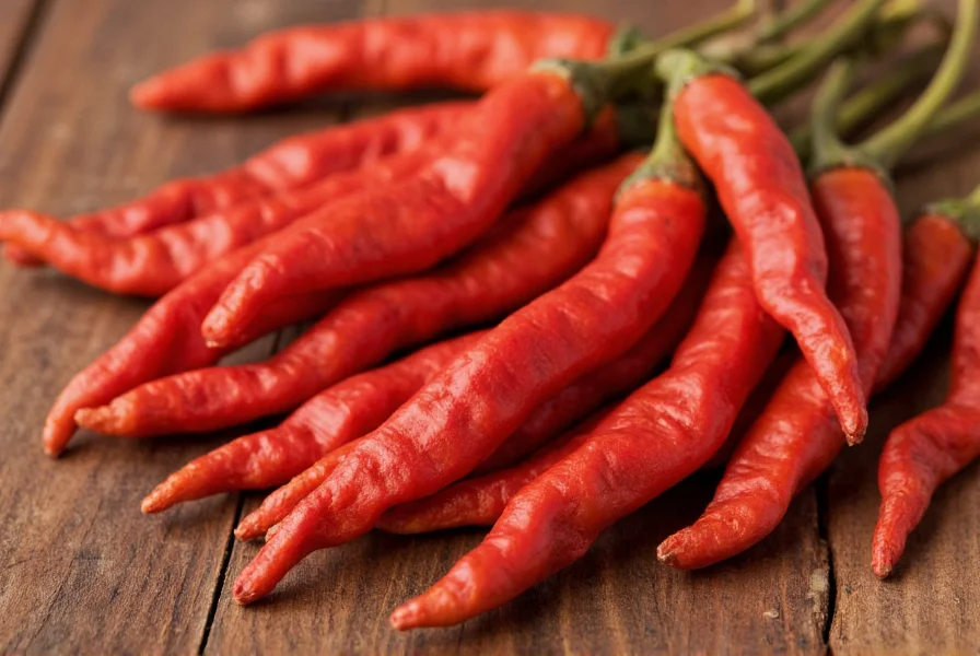 Close-up view of dried cayenne peppers showing their slender shape and vibrant red color against wooden background