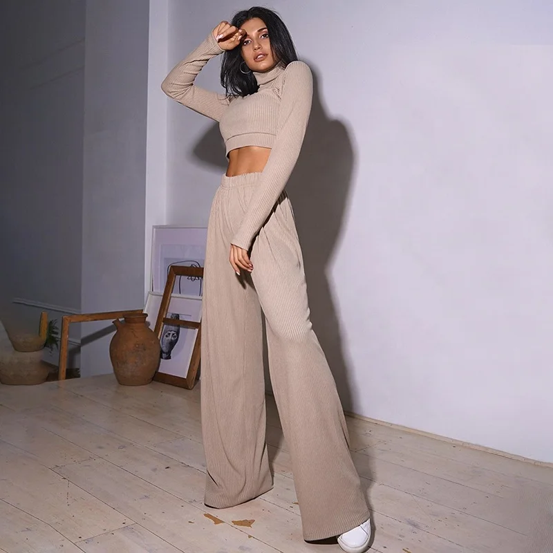 

Leisure Suit 2 Pcs Outfits Set Women Clothing Two Piece Casual Crop Top Solid High Collar Suits Loose High Quality