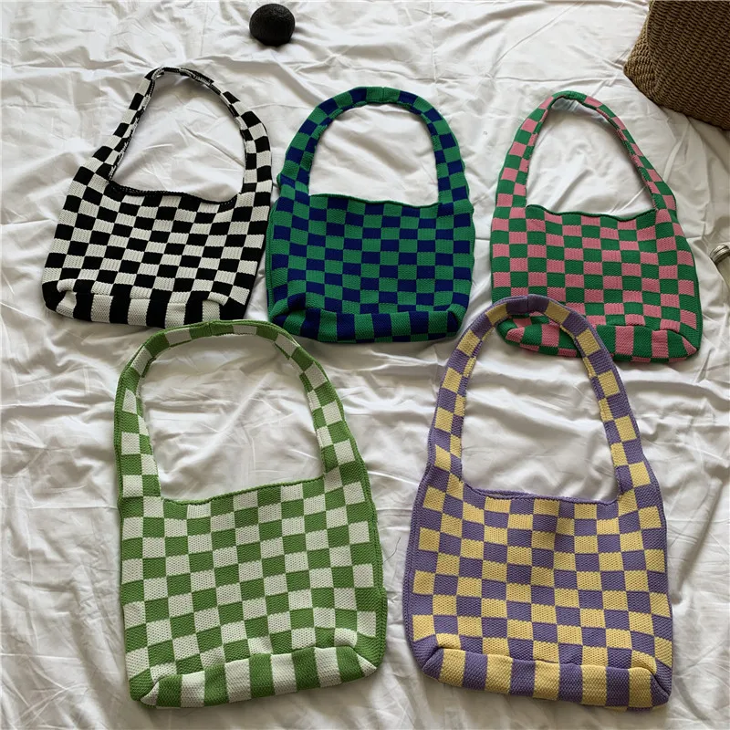 

Korean Style Fashion Checkerboard Women Large Capacity Shoulder Bag Plaid Knitted Tote Designer Shopping Bag Wholesale, 5 colors