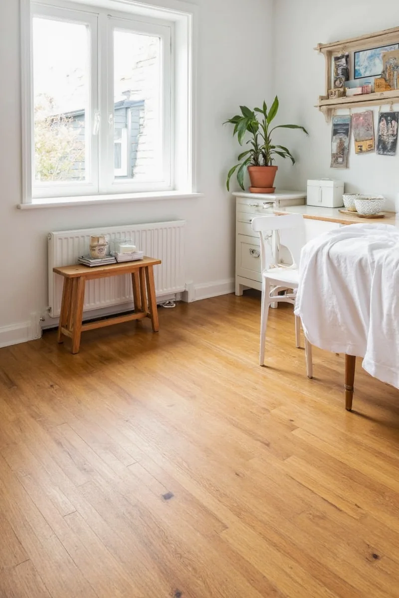 Zoned flooring with hardwood and tile transition in a kitchen
