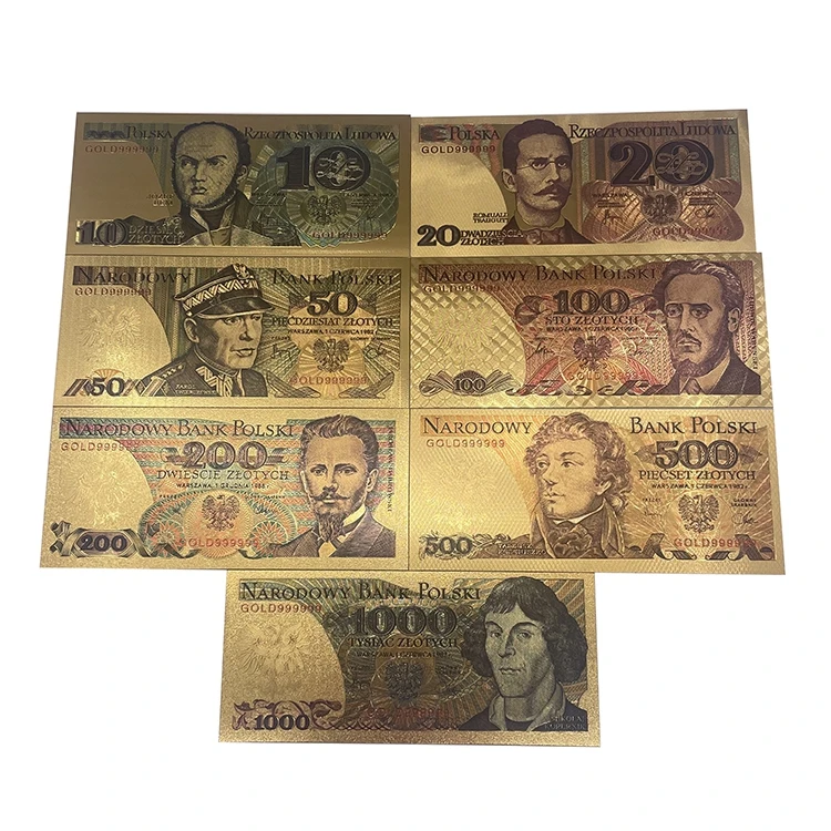 

Wholesale Poland 10 20 50 100 200 500 1000 PLN Money Plastic 24K Gold Foil Plated Banknote