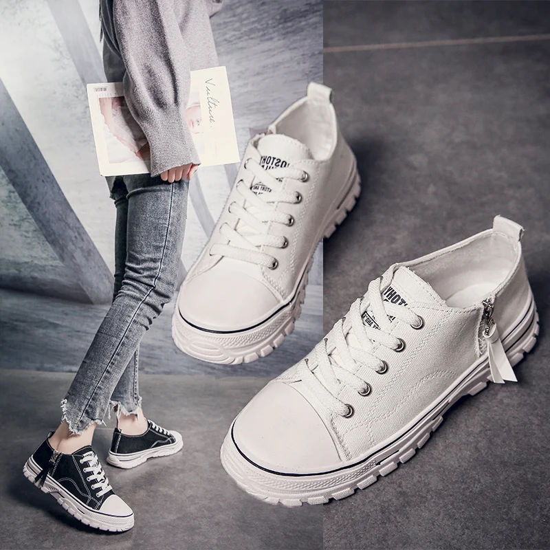 

New cheap Black canvas white shoes comfortable flat women casual shoe, Black/white
