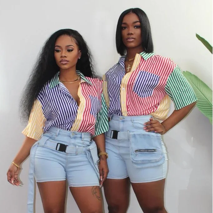 

X01610M Multicolor striped print shirt Casual long sleeve women's tops 2021 Hot sale tops