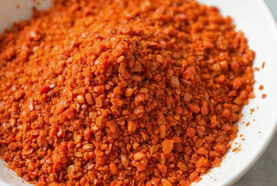 Chili flakes arranged artistically with peppers