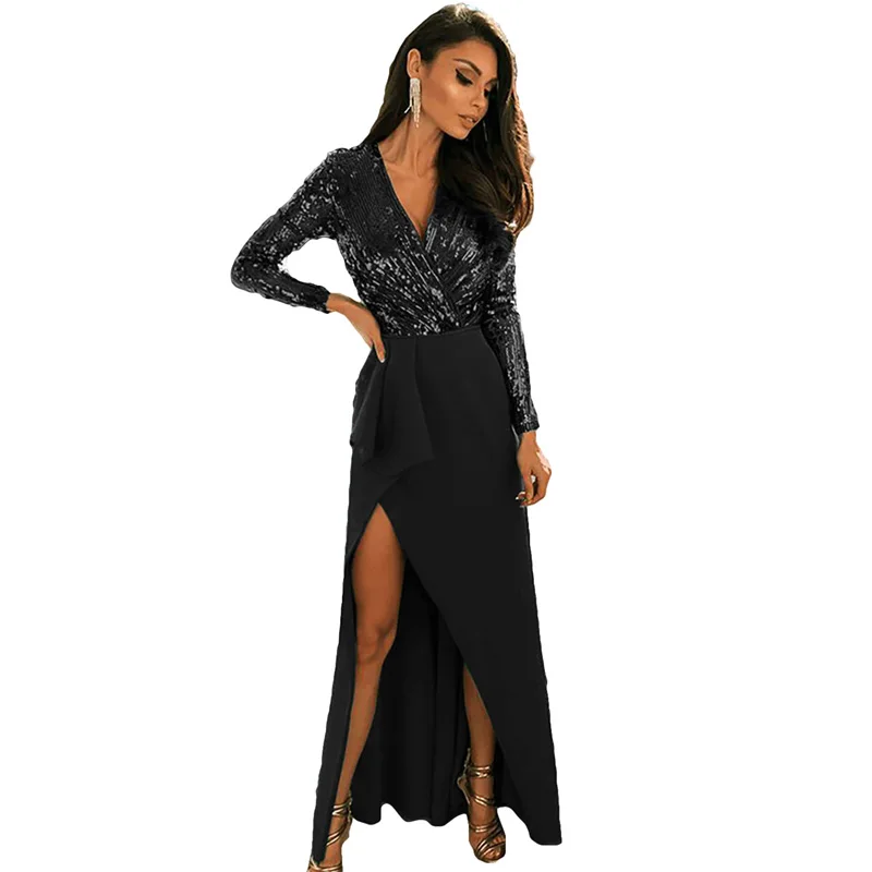 

Women Ankle-Length Long Sleeve V Neck Wrapped Sequin Bodice Long Party Dress