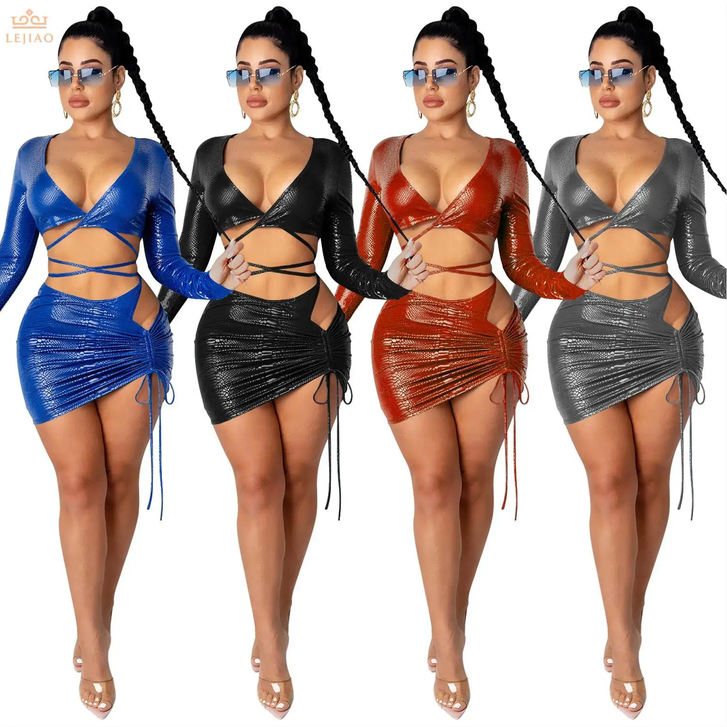 

2021 New style Dress Women's dress skirt Long sleeve Crop Top Crisscross frenulum V-neck Tight and sexy Fashion hollow out Pleat, Picture