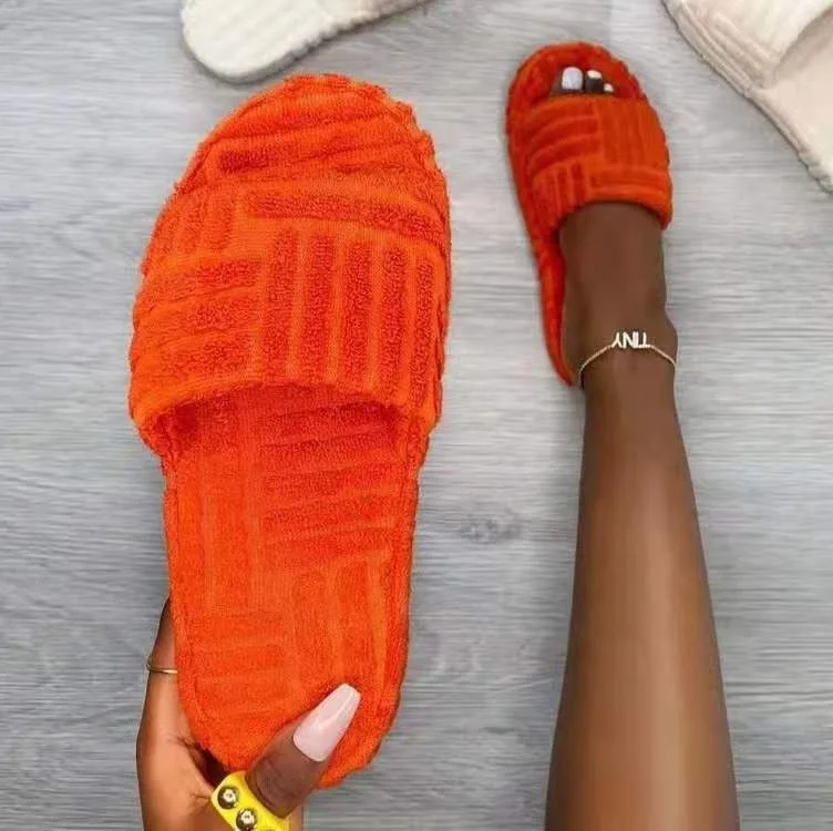 

drop shipping 2021 Winter Flat heel wool Slippers Women Thick Sole Open Toe fur towel sandals Outdoor Comfort Leisure Shoes