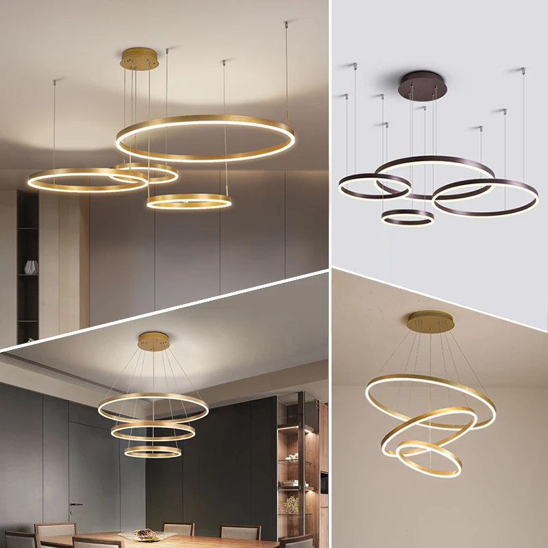 
Simple hanging decorative circle rings acrylic gold luxury modern led chandelier  (60582980737)