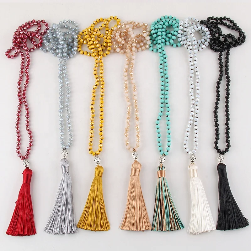 

Women 6MM Crystal Glass Knotted Tassel Yoga Necklace Buddha Necklace