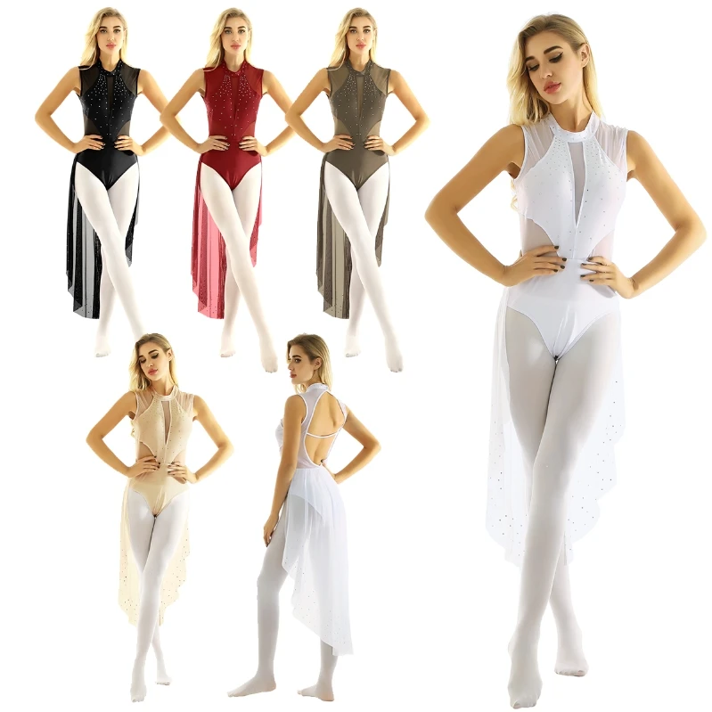 

iEFiEL Female Women Adults One-Piece Dress Performance Ballet Bodysuit Backless Shiny Rhinestones Ballet Dancewear