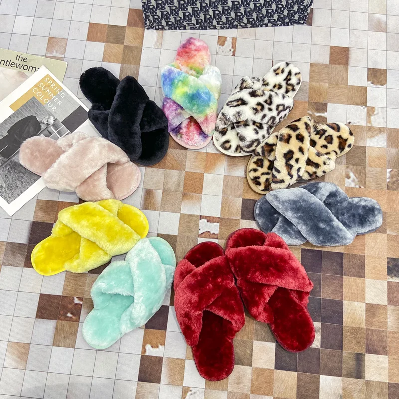 

Slides Fashion Kids Fur Fancy Rubber Shoes Flat Slippers Plush cross fur slippers, 11 colors to choose