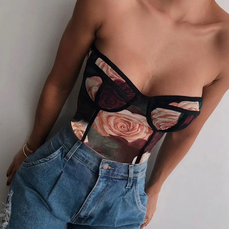 

high quality best price new arrivals 2020 america styles jumpsuit mesh vintage rose print off shoulder bodysuits sexy ladies, Black