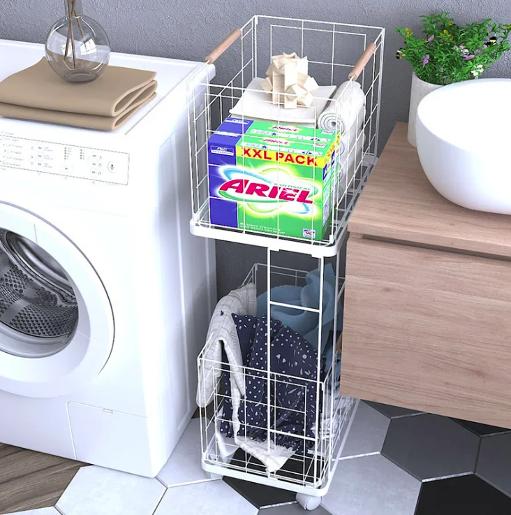 

Amazon new product household hotel bathroom metal 3-layer laundry basket on wheels