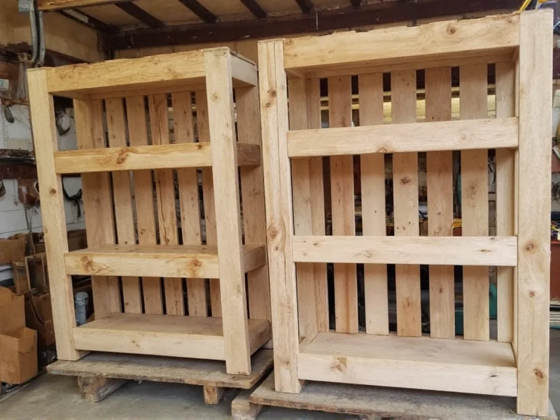 Recycled pallet wood transformed into workshop shelving units