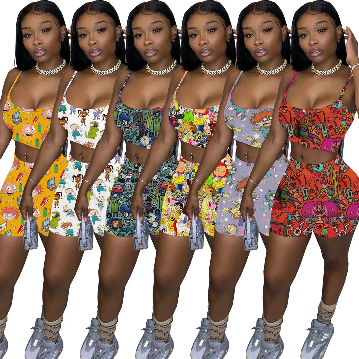 

MT29-6786 2021 stylish Summer Crop Top Women Cartoon Print 2 piece Biker Shorts Set Women Casual Sportswear Yoga Sports Set