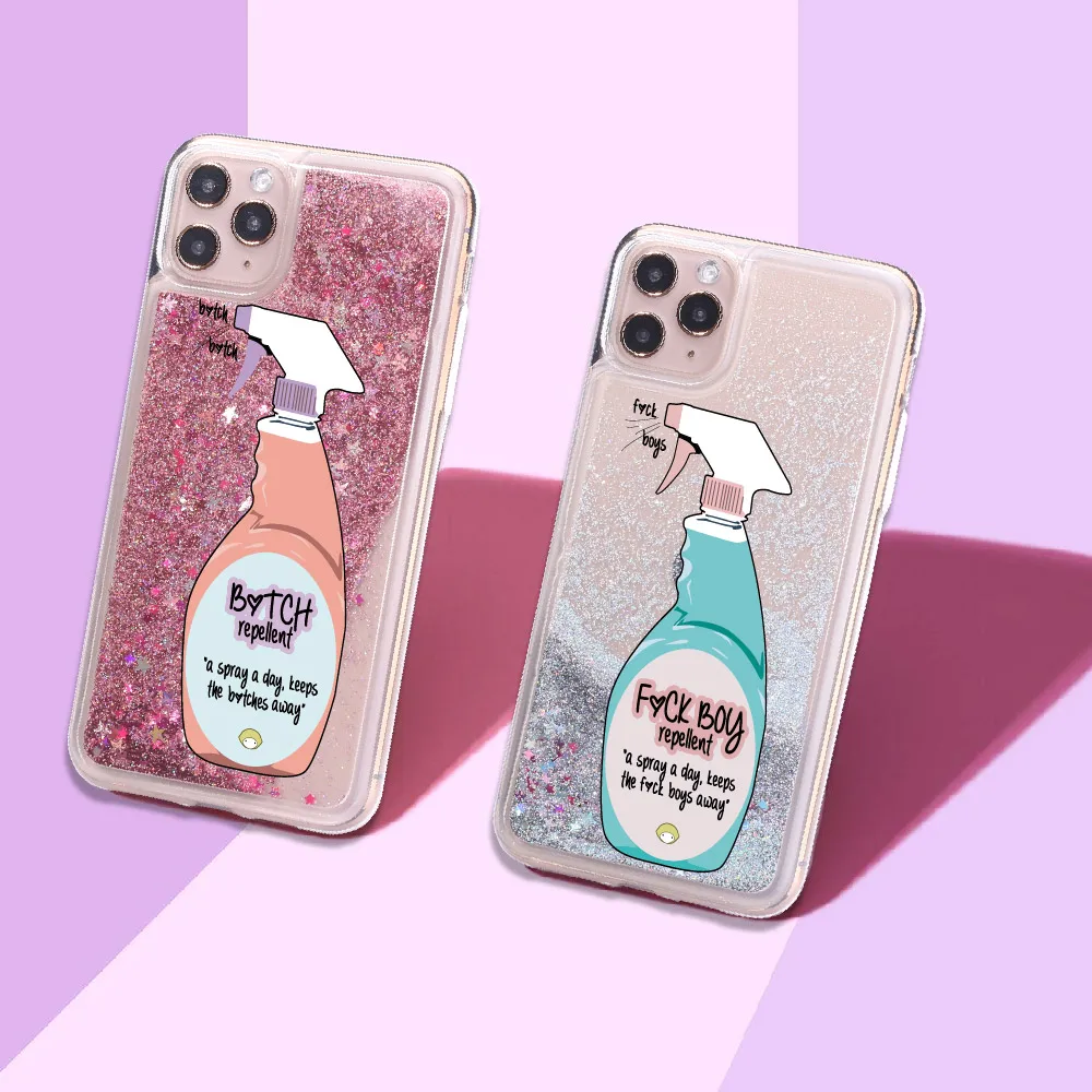 

Sexy Repellent Spray FBoys Bitch Away Heart Quicksand Glitter Liquid Hard Case For iPhone 12 Mini 7 7Plus 6 6S 8 8Plus X XS Max, Multi