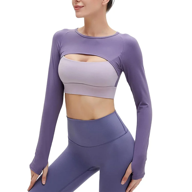 

Hot Sale Jump Color Sexy Cropped Long Sleeve Yoga Top, Multi-color