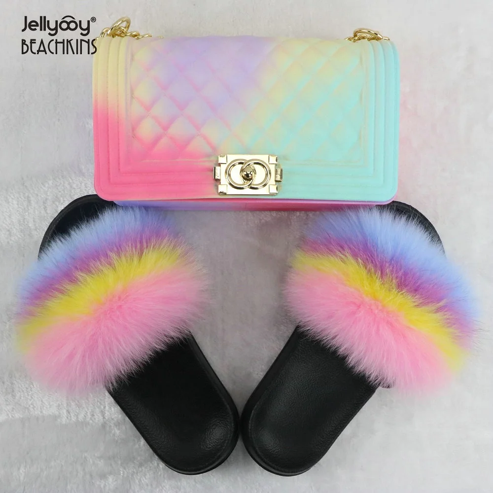 

Jellyooy BEACHKINS 2020 Hot Selling Rainbow Jelly Purse Bags With Matched Colorful Real Fox Fur Slides Set For Women, Many colorful colors, accept make new colors