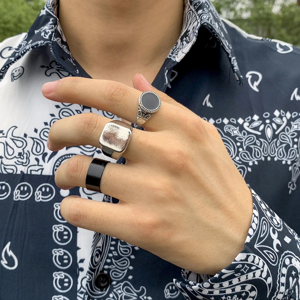

SHIXIN 3Pcs Vintage Black Silver Rings Set Minimalist Statement Rings Wholesale Luxury Rings Jewelry for Men