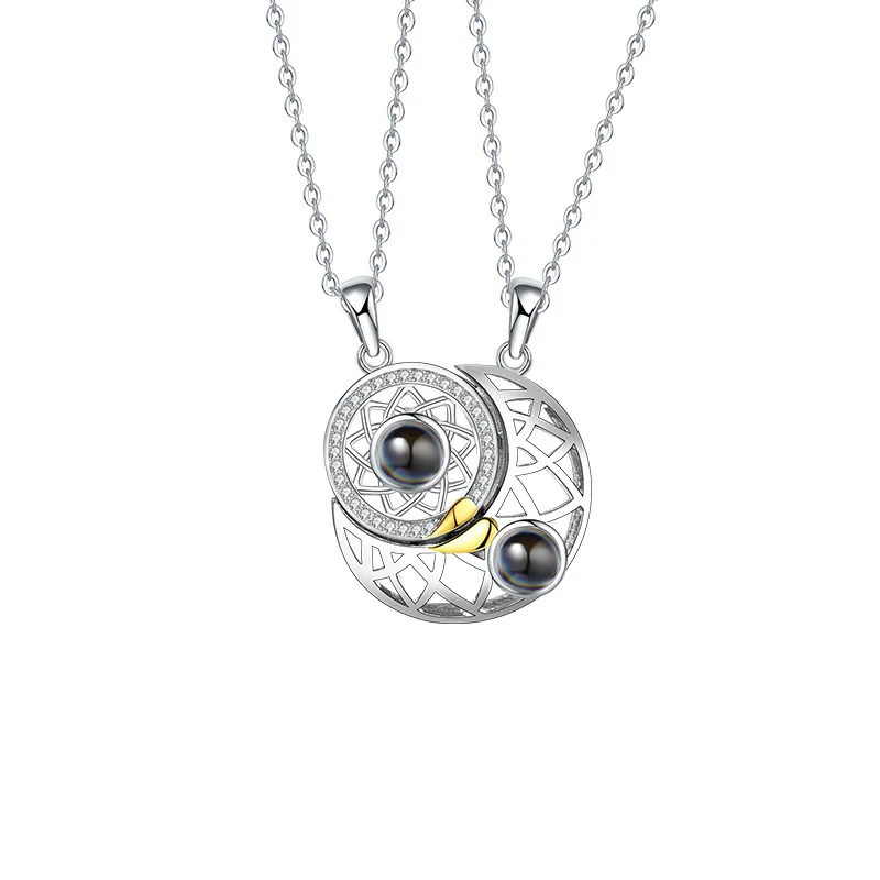 

Custom Color Photo sun moon 100 Love 925 Silver Platinum Plated Projection Necklace