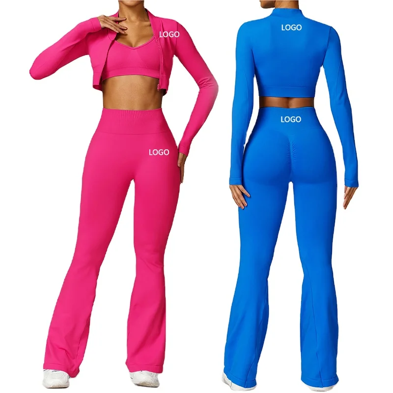 

XW-TZ7502-2 hot selling customize logo fitness Yoga zipped tops flare pants gym fitness sets sport wear set for women