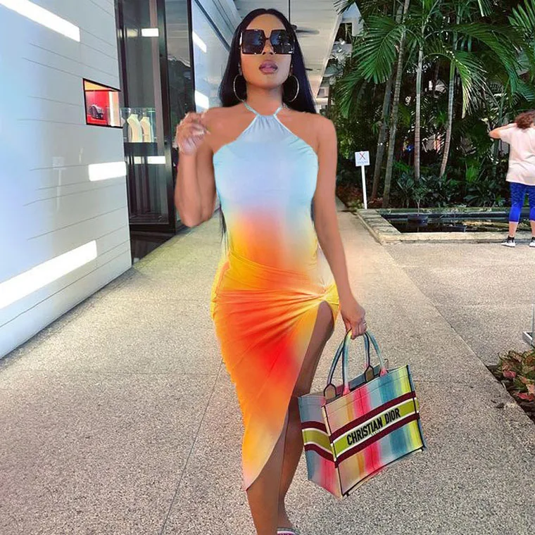 

Summer Orange Contrast Color Backless Spaghetti Strap Dress Ladies Comfortable Long Tie-Dye Dress