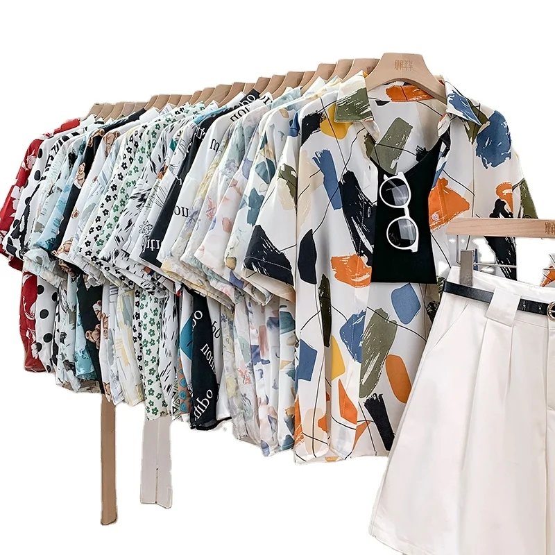 

Cheap women's short sleeved ice silk printed casual summer dress half sleeved flower trend shirt