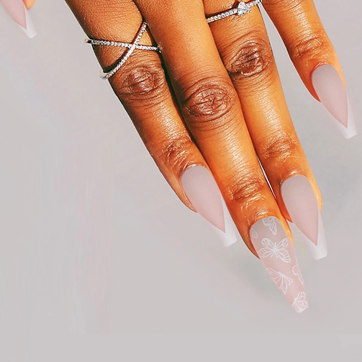 

2021 new style 30 pieces 0070 cross-border pink long coffin ballet French white butterfly false nail with manicure tools