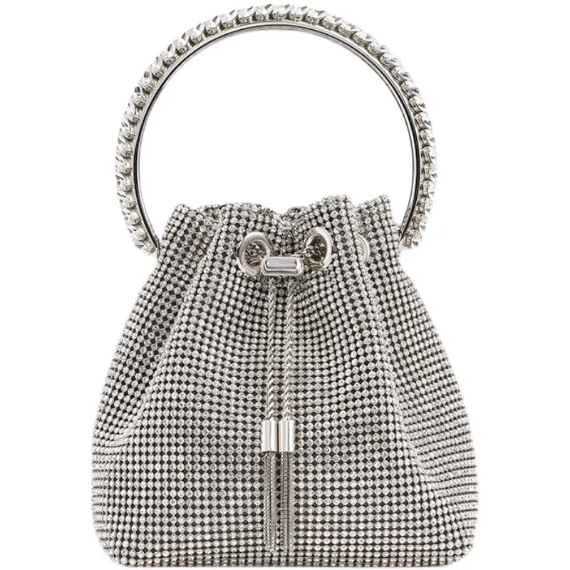 

2022 Luxury Bling Hand Bags Ladies Elegant Shiny Drawstring Bucket Bag Rhinestone Purses and Handbags