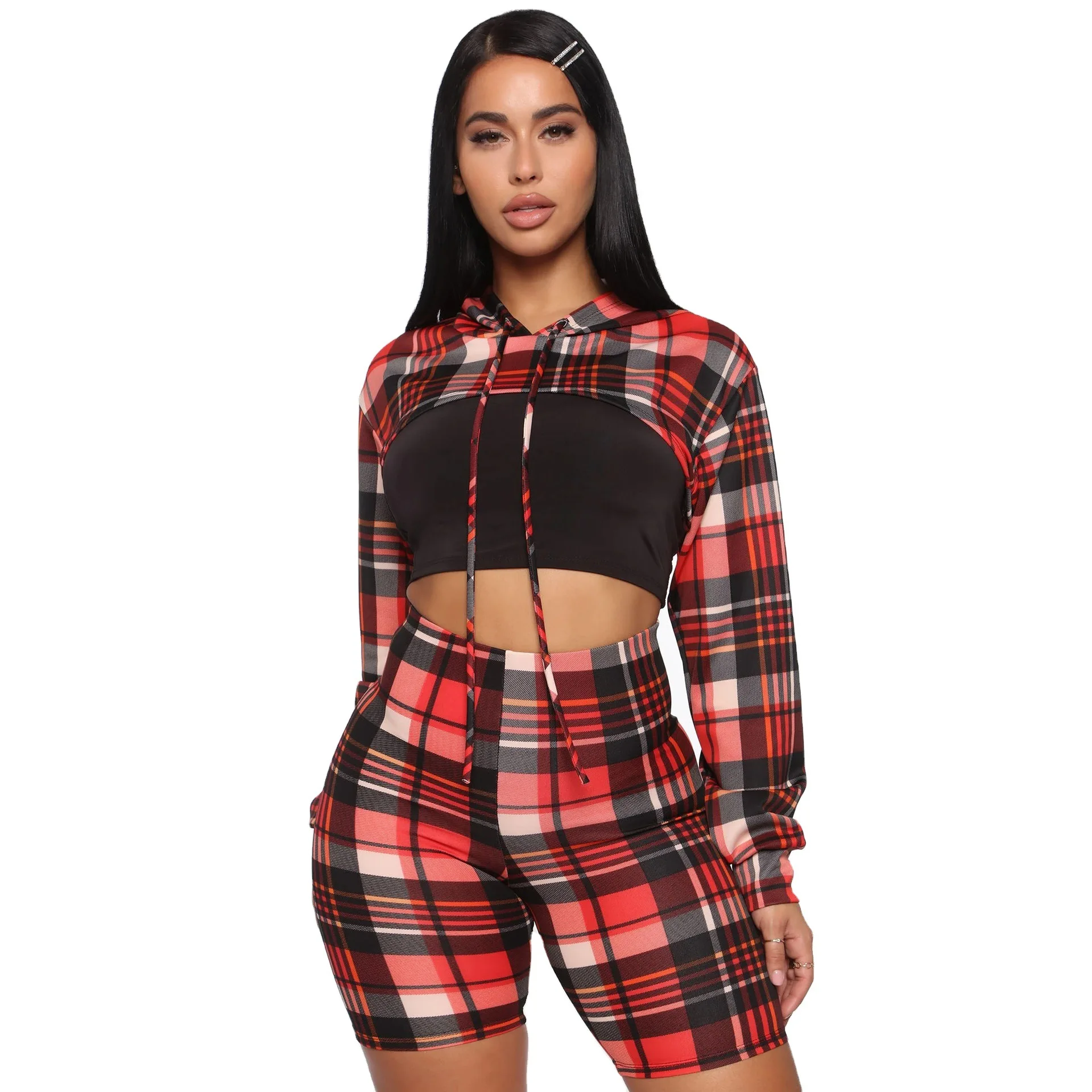 

Women Causal Set Drop Shipping Plaid Pattern Corp Top Long Sleeve With Shorts Women Causal Set, Picture shown