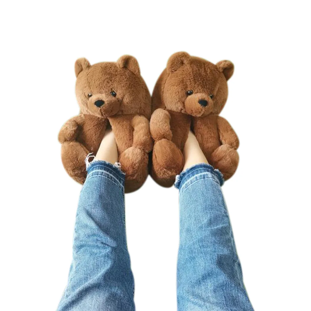 

Wholesale Lovely Plush Slipper Animal Cheap Custom Bedroom Animal Rainbow Kids Large Teddy Bear Fur Slipper Adult for Women, As shown