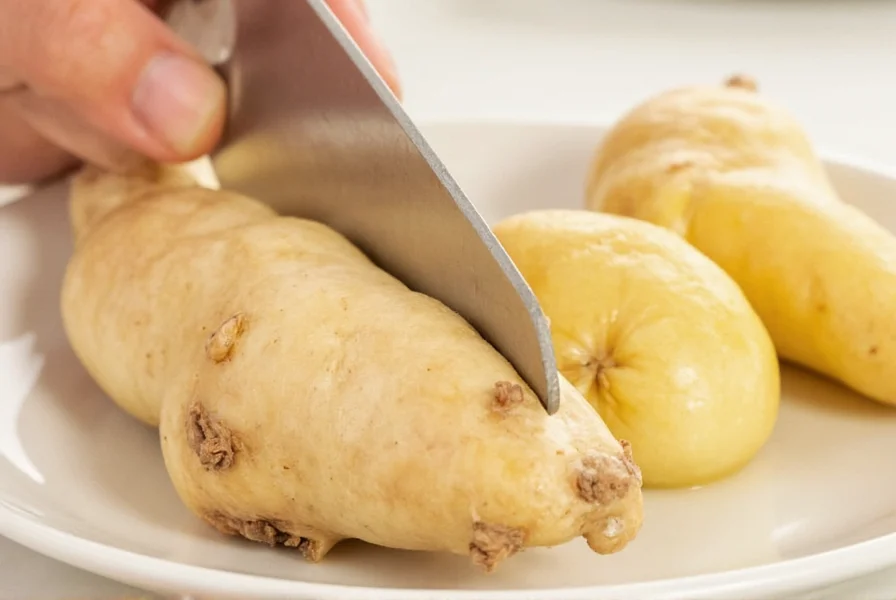 Hand using spoon to peel ginger root showing proper technique