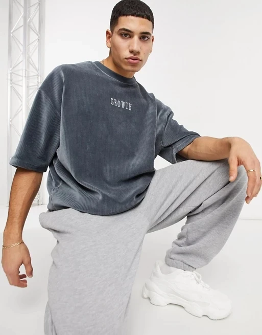 

relaxed corduroy t-shirt with front text embroidery in gray t-shirt men