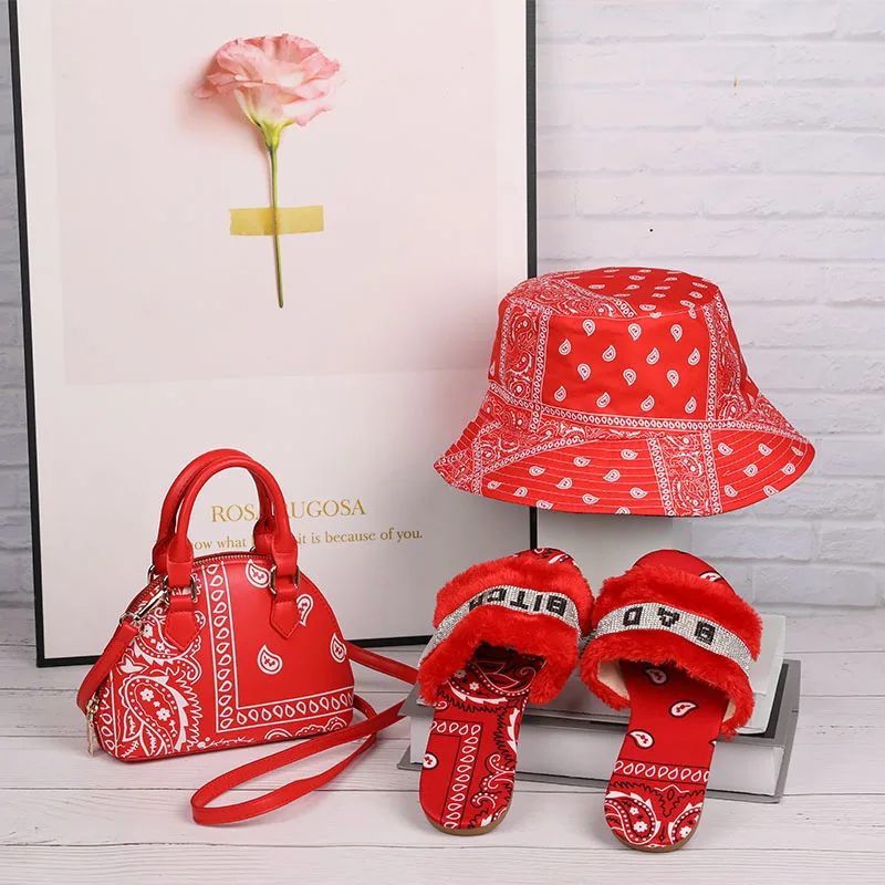 

2022 latest Bandana cashew matching bag and shoes women bags and shoes set purse and hat sets, 7 colors as picture shown