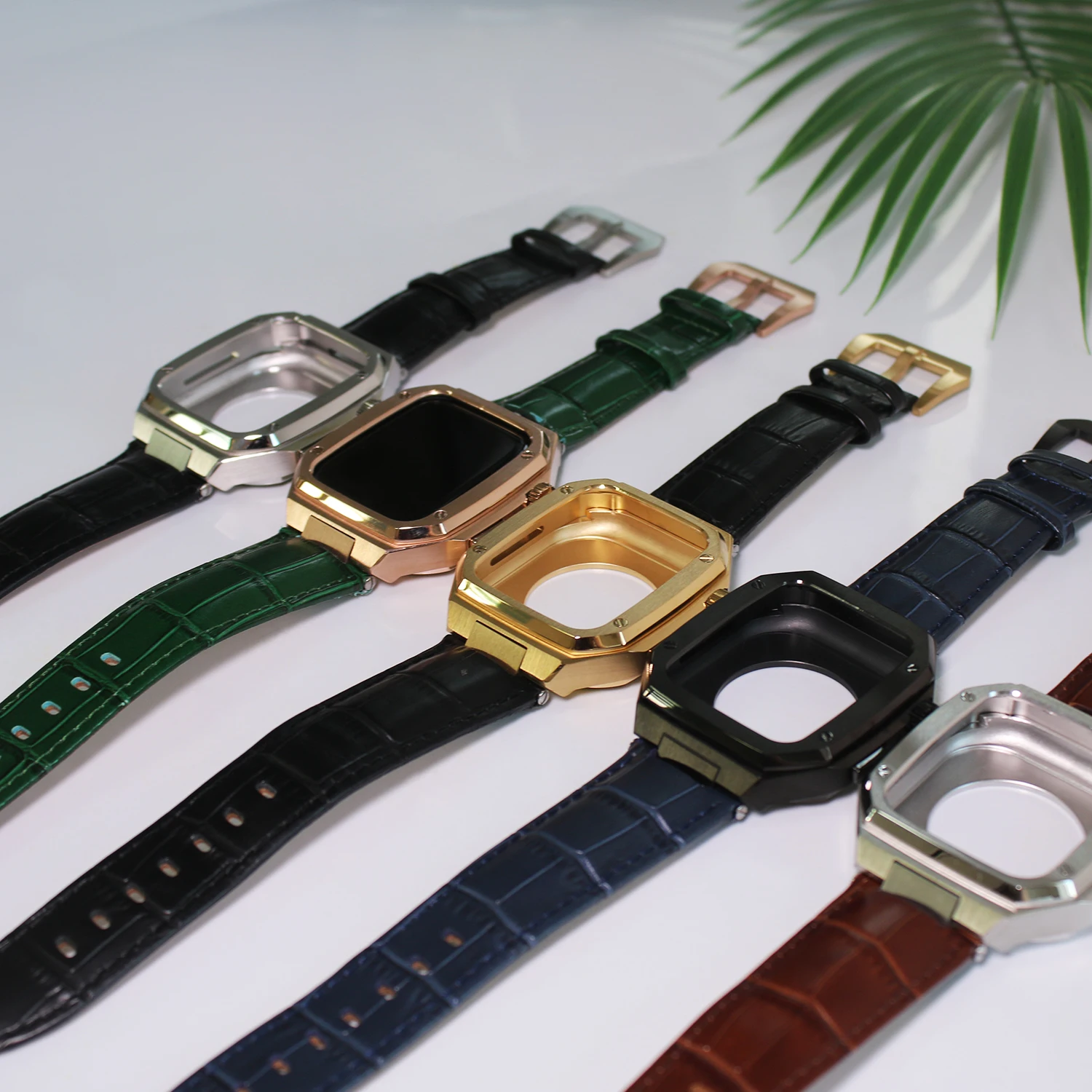 

Stainless steel watch case cover watch band for apple watch strap 44mm 45mm metal case Genuine leather strap bracelet bands