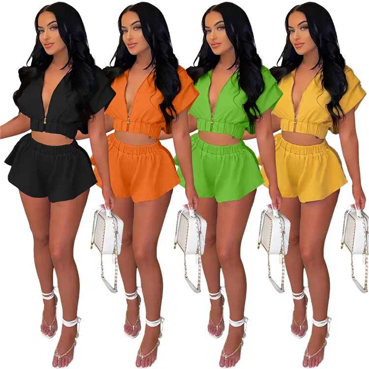 

Fashion Ladies Tracksuit Short Sleeve Hooded Jacket Casual Jogging Spring Women Two Piece Shorts Set, Picture shown