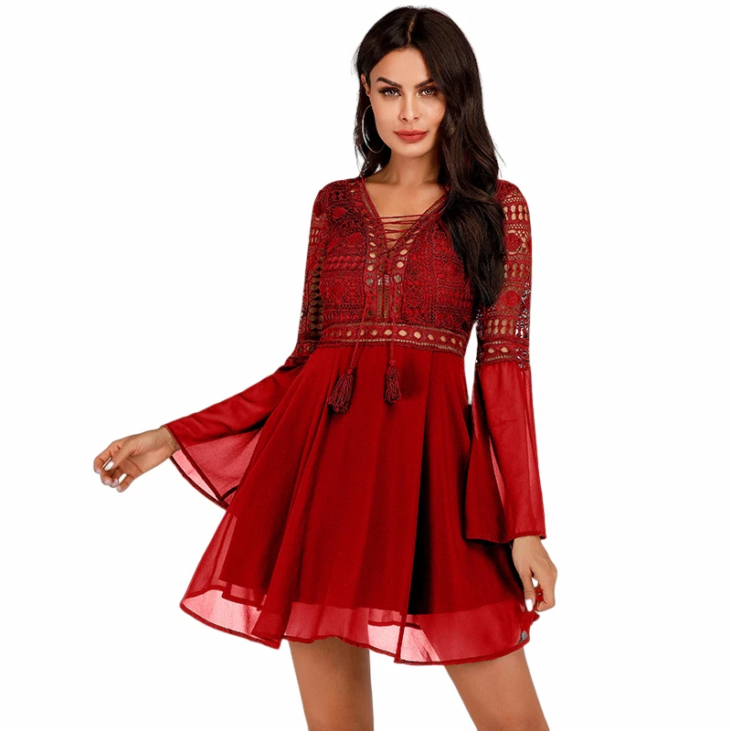 

Hollow Out RED Dress Sexy Women Mini Chiffon Semi-sheer Plunge V-Neck Long Sleeve Crochet Lace Dress for ladies