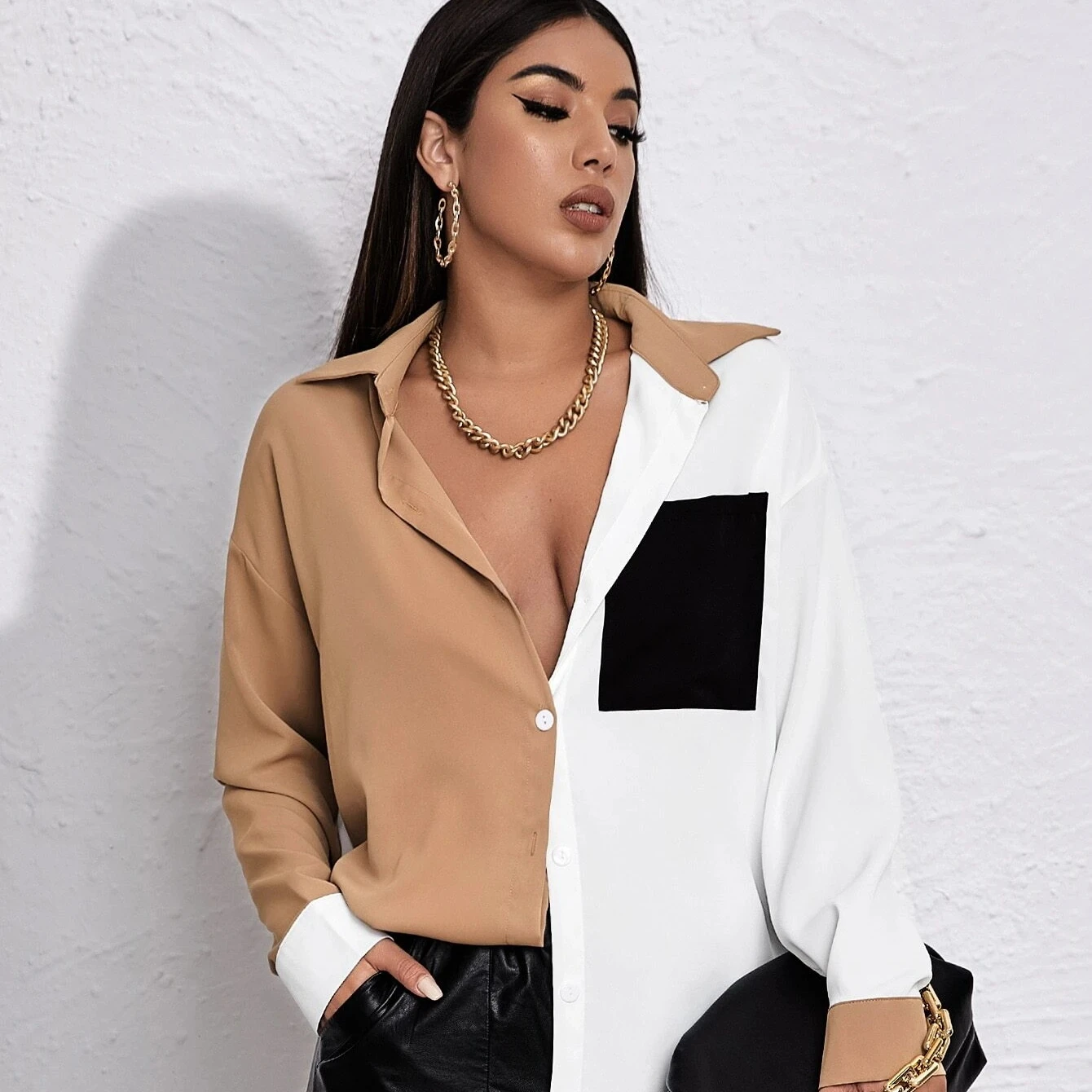 

Women Fashion Drop Shoulder Cut and Sew Women's Blouse, Khaki