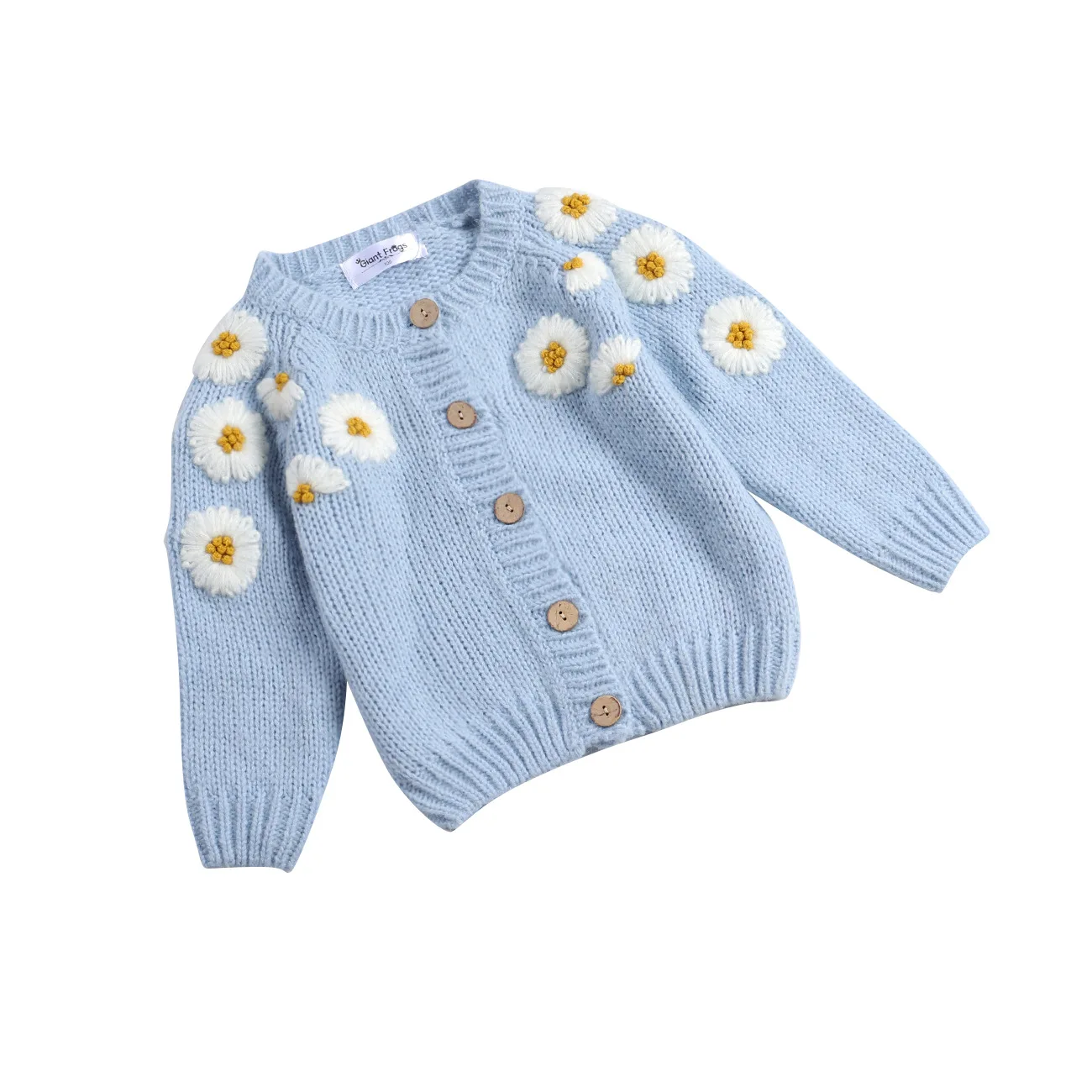 

Ivy40607A 2021 Vintage European Kids Girls Daisy Sweater Autumn Winter Baby Girl Flower Embroidery Cardigan, Blue