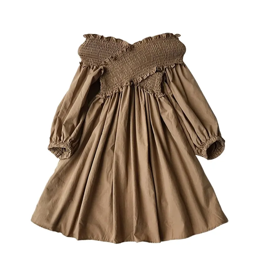 

New women spring solid strapless V-neck high waist puff sleeve dress