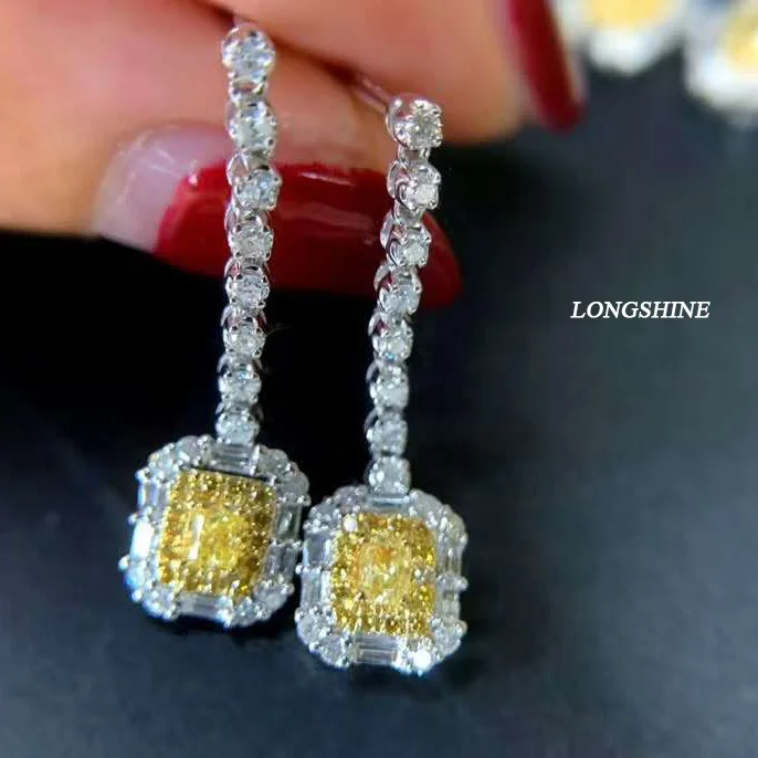 

18K Solid White Gold Real Yellow Diamond Earrings for Women Certified Wedding Luxury Customized Jewelry 18.2mm length