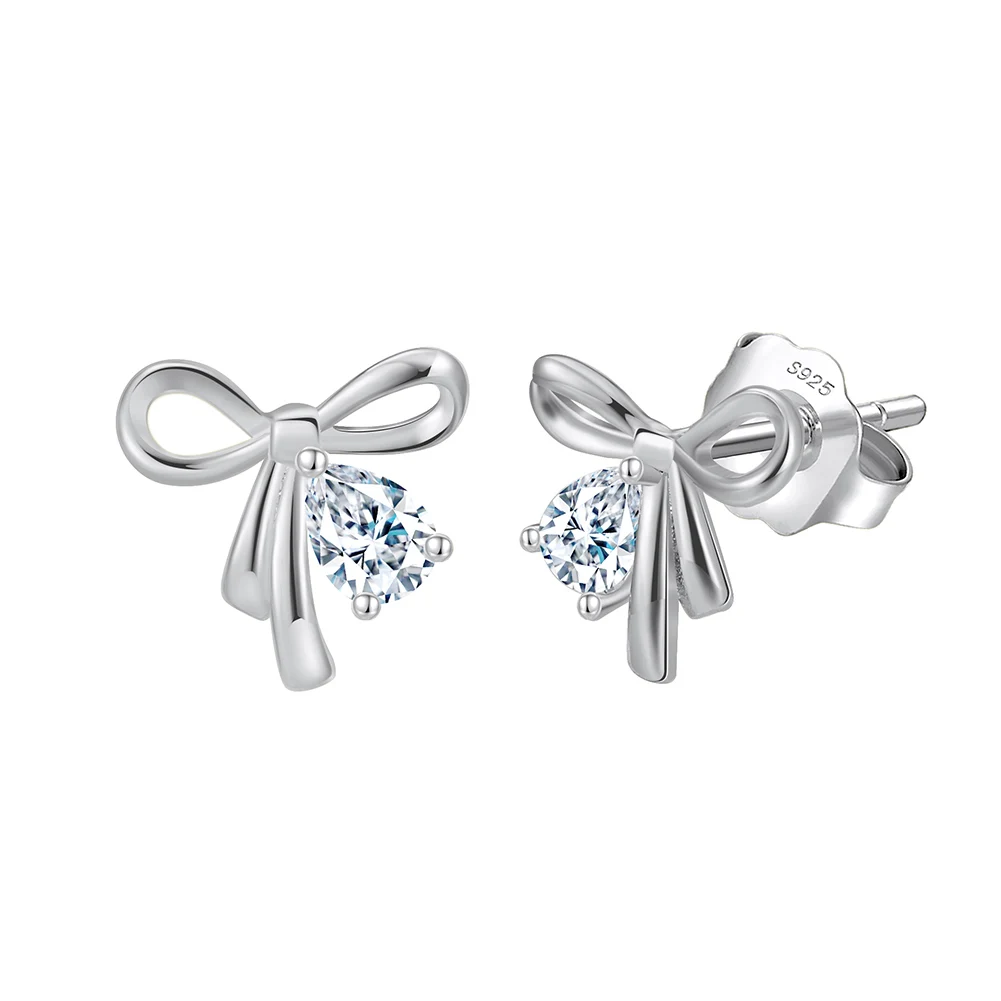RINNTIN BSE409 14K Gold Plated Bow Korean Earrings Cute Minimalist 925 Sterling Silver CZ Stud Earrings for Women