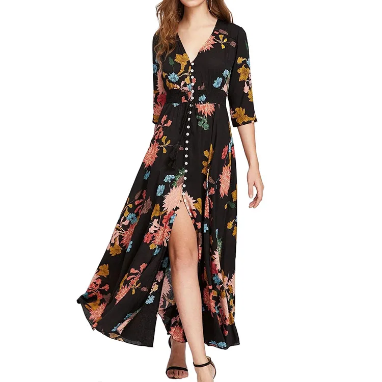 

Bulk Wholesale Clothing V Neck Half Sleeve Button up Split Floral Print Flowy Women Casual Maxi Dress