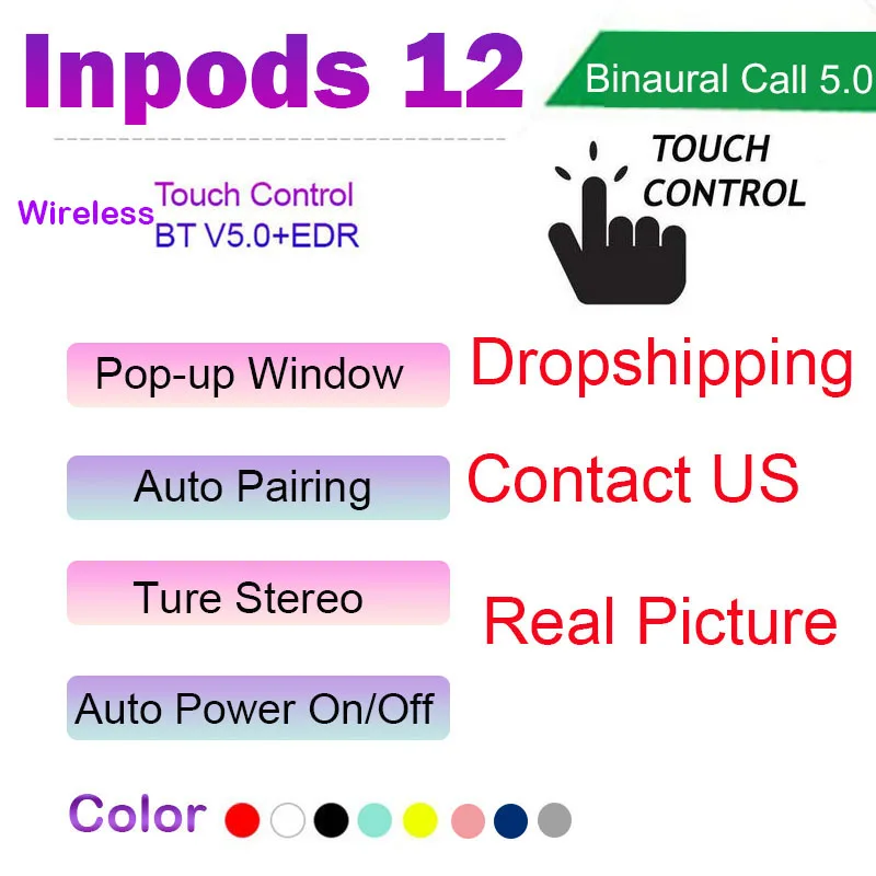 

InPods 12 wireless BT5.0 Earphone Wireless Headphone Touch Control Mini Earbud Binaural Call Headset PK I200 TWS