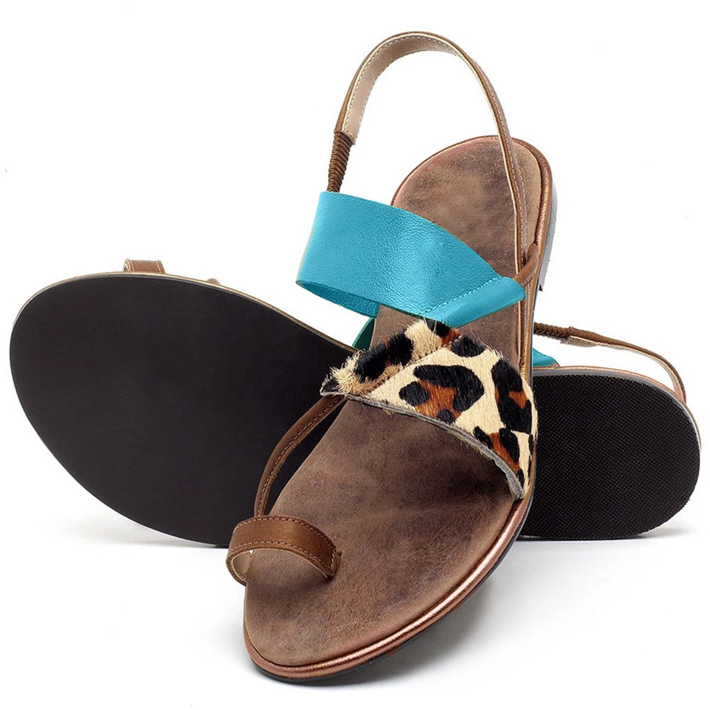 

2020 New Women Bohemia Leopard Strap Toe Ring Low Heel Flat Sandals