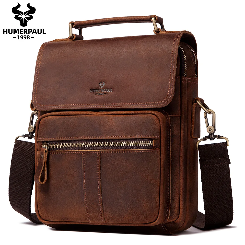 

HUMERPAUL Casual Men Shoulder Bag men Vintage Handbag Messenger Bag Leather waterproof sling Business single crossbody bag, Coffee