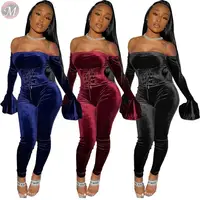 

9120323 sexy off the shoulder bandage trumpet sleeve top bodycon pants velvet Winter Two Piece Set Women Clothing Sexy