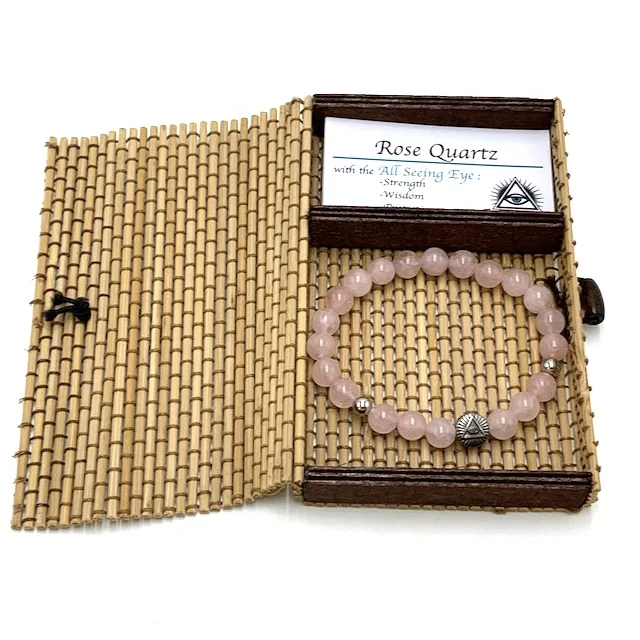 

Packaged in Bamboo box 8mm Gemstone bracelet with stainless steel All Seeing Eye