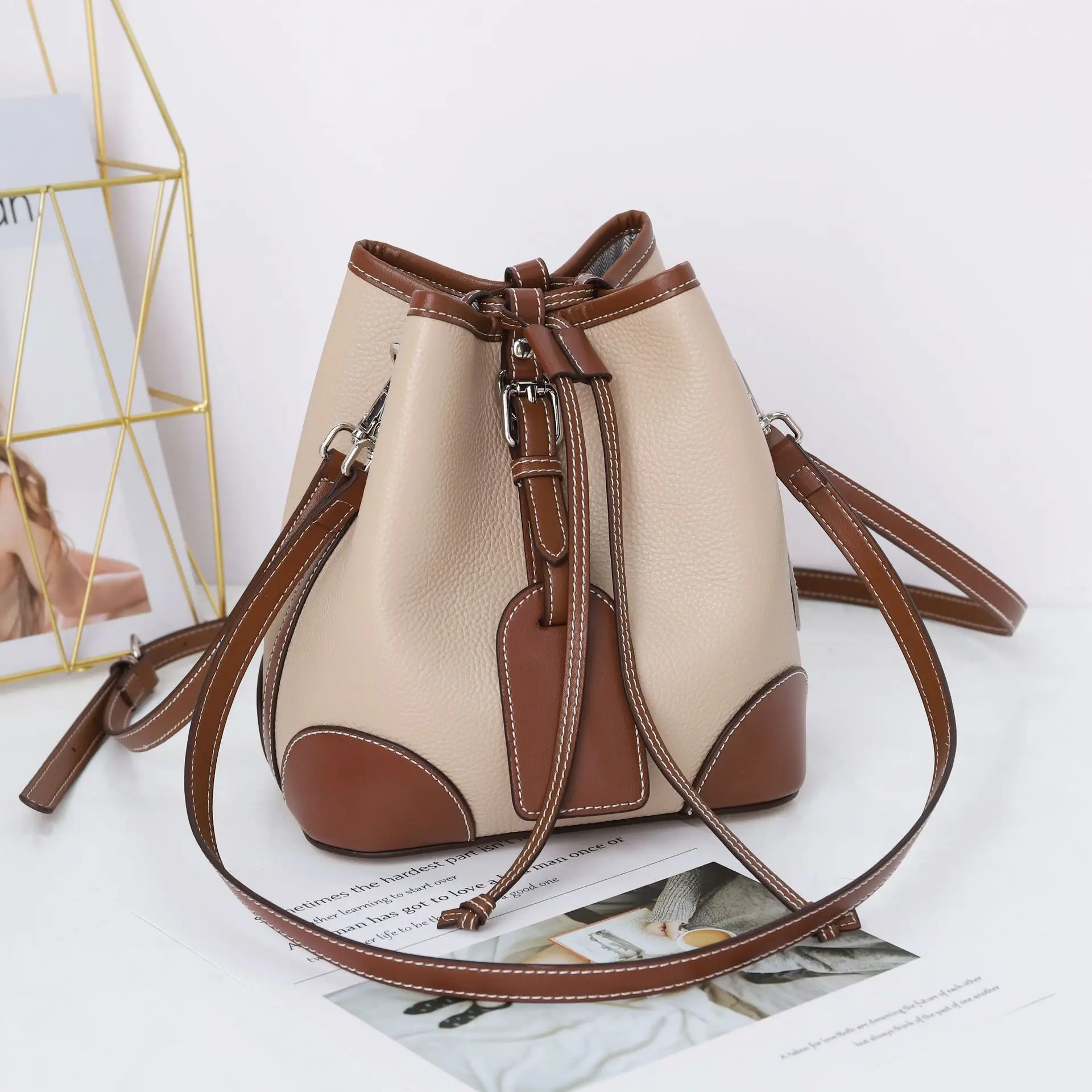 

Lychee Pattern Leather Bucket Bag 2021 New First Layer Cowhide Ladies Shoulder Large-capacity Fashion Messenger Female