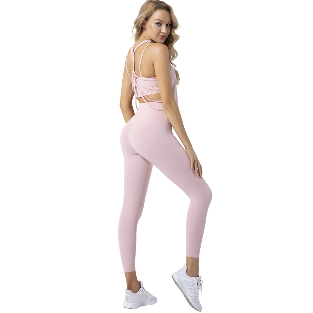 

New 2021 Nude Summer Beautiful Back Bras Vest Legging Gym Sportswear Fitness 3 piece Yoga Set